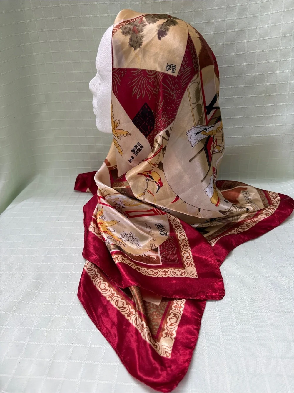 Vintage Silk Burgundy & Beige Printed Large Scarf